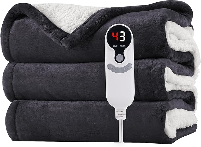Electric Heated Blanket Throw Size 50"x60" - Microplush & Sherpa Fabric Dual-Sided, 6 Heat Settings & 3 Hours Auto Off, Soft & Cozy Warming Throw for Home, Office, or Bed, Machine Washable, Iron Gray