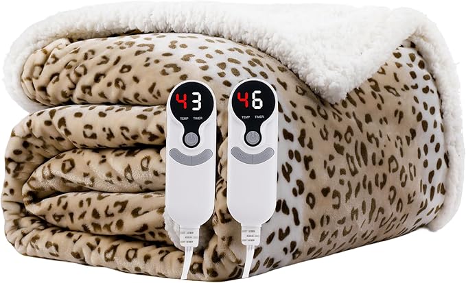 Electric Heated Blanket Queen Size 84"x90" - Microplush & Sherpa Fabric Dual-Sided, 9 Heat Settings & 10 Hours Auto Off, Cozy Warming Throw for Office or Bed, Machine Washable, Beige Leopard Print