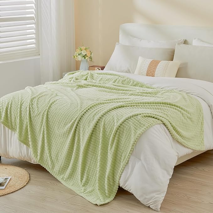 EMME Fleece Blanket Queen Size Luxury Flannel for Couch Bed Sofa Chair, Soft, Plush, Warm and Cozy Blanket with Geometric Grid Design (Sage Green, 80'' x 90'')