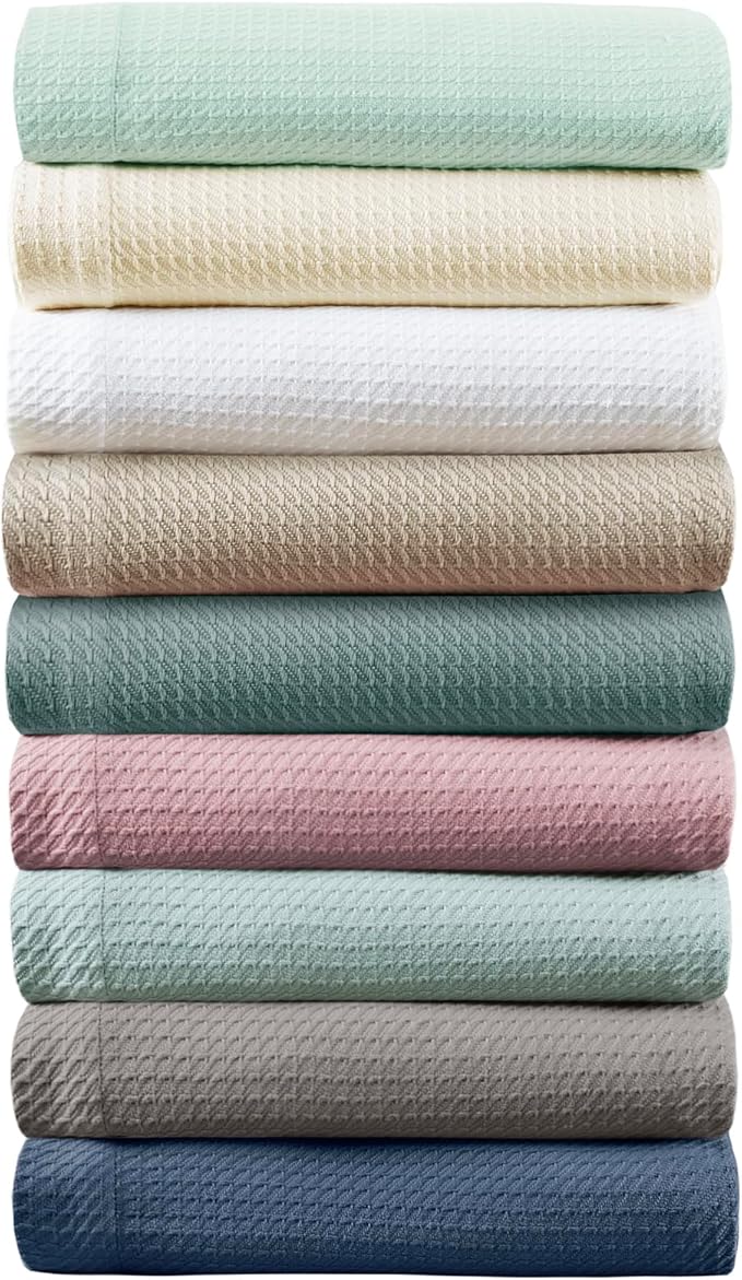 Madison Park 100% Egyptian Cotton Lightweight Summer Blanket, Breathable Waffle Knit Design, Soft Cozy All-Season Throw for Bed, Couch or Sofa, Seafoam Twin Size (66"x90")