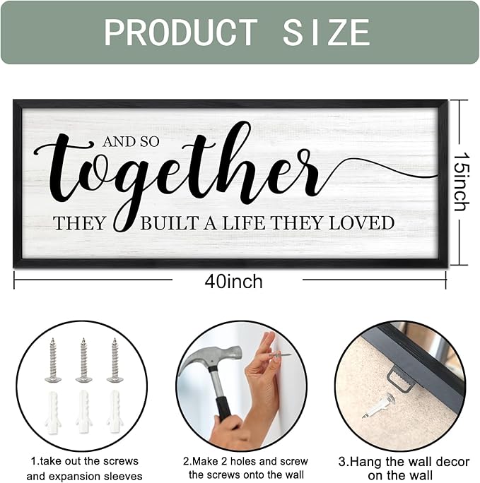 And So Together They Built A Life They Loved DecorativeSign & Plaque Framed Wall Art for Couples, 40''×15'' Vintage Wooden Horizontal Wall Decor Above Bed, Rustic Farmhouse Wedding Gift