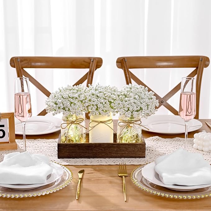 BLEUM CADE Centerpiece Table Decorations - Mason Jar Lights Centerpiece for Kitchen Dining Table Farmhouse Coffee Table Wedding Home Decor with 3 Jars Babys Breath Artificial Flowers & Wood Tray