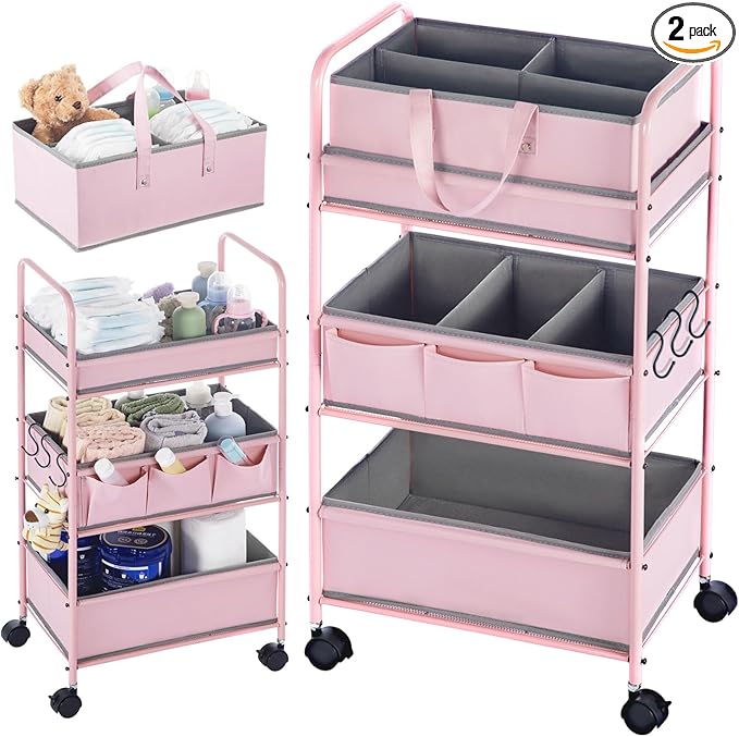 Honeydak 2in1 Baby Diaper Caddy Organizer Cart 3 Tier Large Capacity Metal Utility Bedside Rolling Cart with Divider Newborn Registry Nursery Essential Must Have Crib Bedroom Baby Shower(Pink)