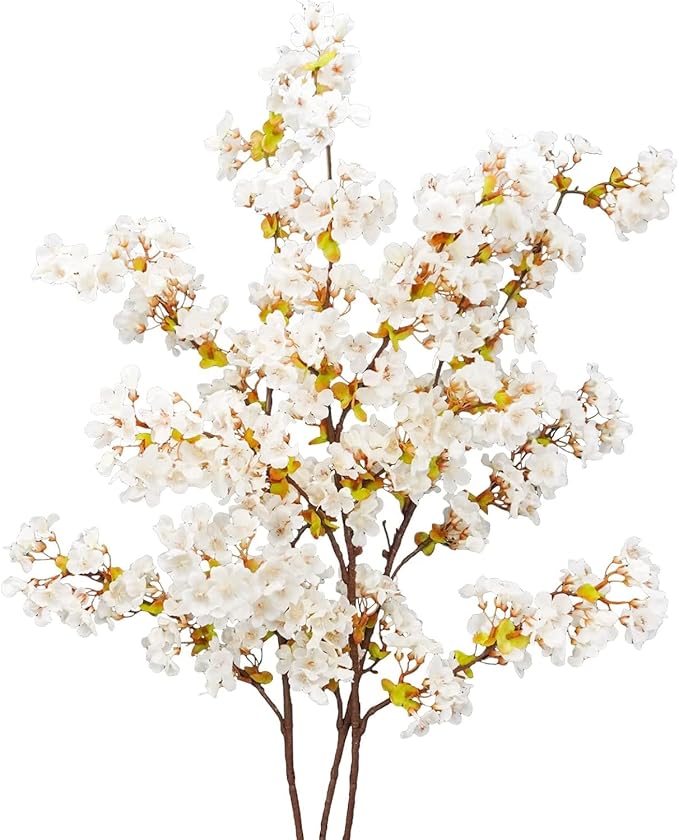 Uieke 24Pcs Silk Cherry Blossom Branches, 39.3in Artificial Cherry Blossom Tree Stems, Fake Plum Blossom Flowers Arrangement for Wedding Home Japanese Decor, White