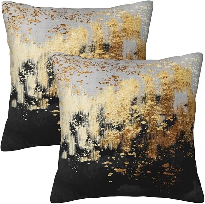 Black and Gold Abstract Throw Pillow Covers 18x18 Set of 2, Modern Luxury Gradient Art Decorative Gold Pillow Cases, Boho Cushion Covers for Sofa Living Room Couch Bedroom, Spring Easter Home Decor