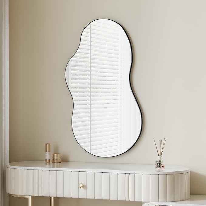 Itrue 26×46 Inch Irregular Wall Mirror, Brushed Black Metal Frame Asymmetrical Bathroom Vanity Mirror, Silver-Backed HD Tempered Glass Mirror for Over Sink, Living Room, Entryway
