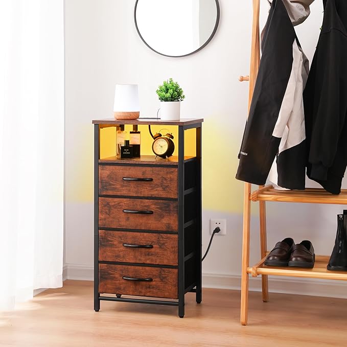 Yoobure Night Stand - LED Rustic Nightstand with Charging Station, Bedside Table with 4 Storage Drawers and Storage Shelf, End Table with USB Ports and Outlets