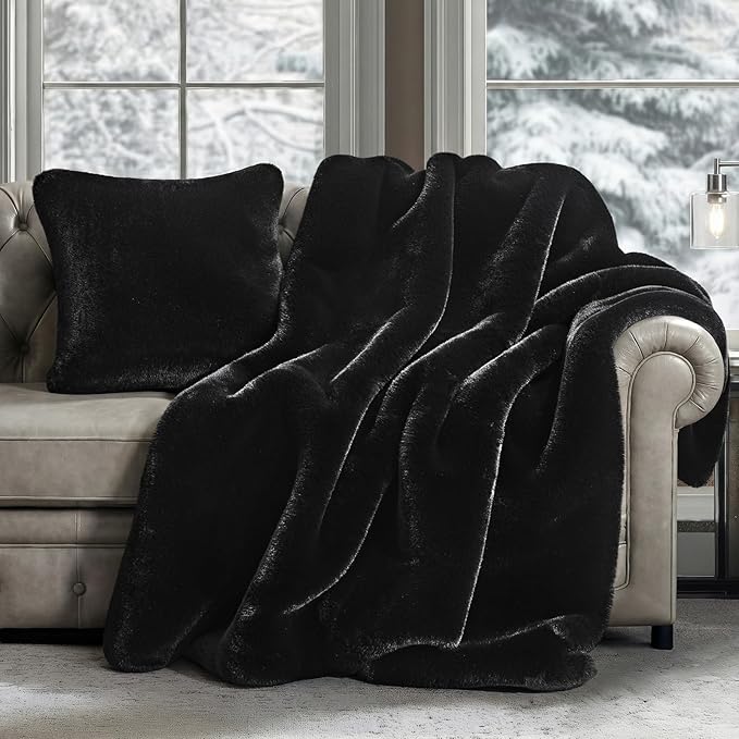 EVERGRACEHOME Luxury Soft Faux Chinchilla Fur Throw Blanket for Couch, Warm Thick Heavy Winter Throw Blanket 1220GSM for Bed, Fluffy Cozy Mink Blanket with Reversible Velvet, Black Noir Mink, 50"x60"