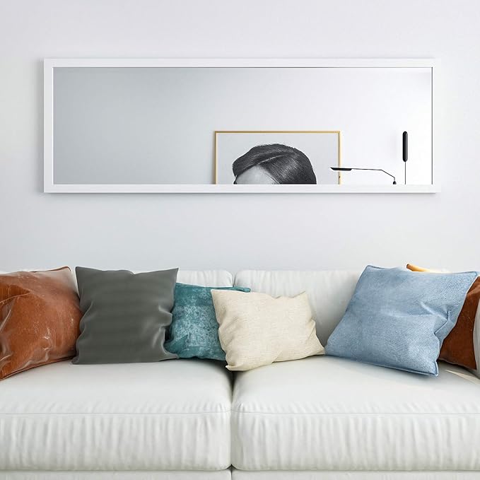 whitebeach 48" x 16" Over The Door Full Length Mirror Wall Mounted Hanging with 2 Metal Hangers for Bedroom Living Room Bathroom White