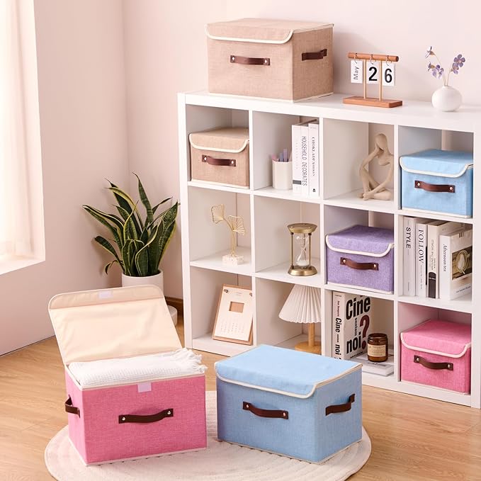 Storage Boxes with Lid Cotton Linen Fabric Storage Bins Organizer Container Decorative Collapsible Washable Shelf Baskets Faux Leather Handles for Home Bedroom Closet (Light Blue, Small)