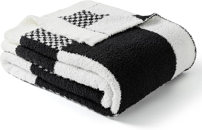 Snuggle Sac Checkered Blanket, Black White Throw Blanket for Couch Plaid Microfiber Fluffy Warm Fuzzy Cozy Soft Throw Blanket Reversible Checkerered Blankets for Sofa, Chair, Bed, Twin(60"x80")