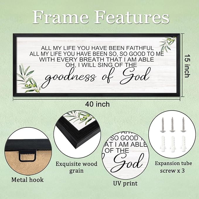 Goodness of God Christian Wall Decor: 40x15 Inch Large Framed Christian Inspirational Wall Art, Religious Scripture Quote Wooden Sign, Black Frame Christian Home Decor for Living Room Bedroom, Black
