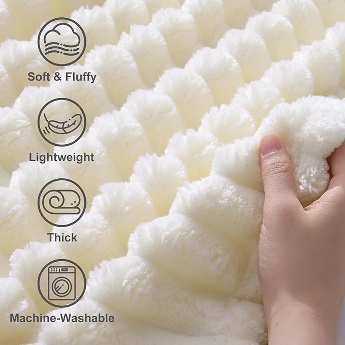 decorUhome Soft Fleece Cream White Blanket Queen Size for Bed, Cozy Fluffy Plush Flannel Large Striped Throws for Couch Sofa, Lightweight Decorative Fuzzy Blanket for Woman, 90x90 Inches