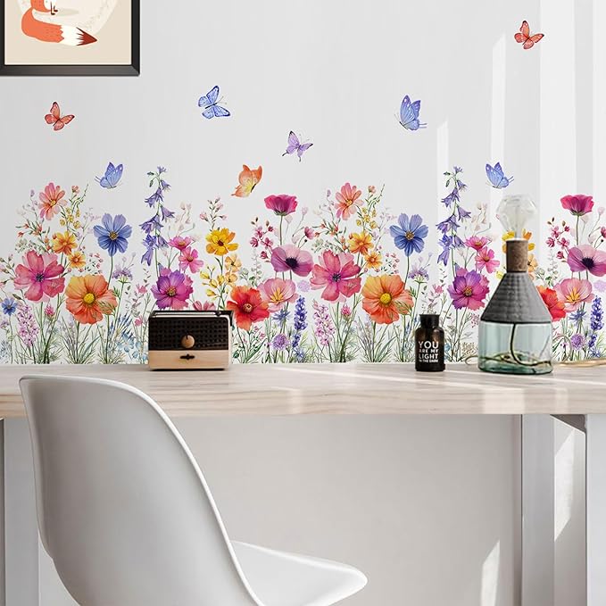 TUOKING Orange Flowers Wall Stickers Decor,Removable Butterfly Wall Murals Peel and Stick Modern Wall Art Decal Home Decor for Kitchen,Bedroom,Living Room(MS3160)