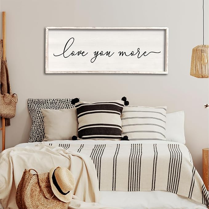 Love You More Sign Wall Decor 40''×15'' Large Vintage Framed Wood Modern Farmhouse Wall Decor for Master Bedroom Above Over Bed Minimalist Wall Art Hanging (White)