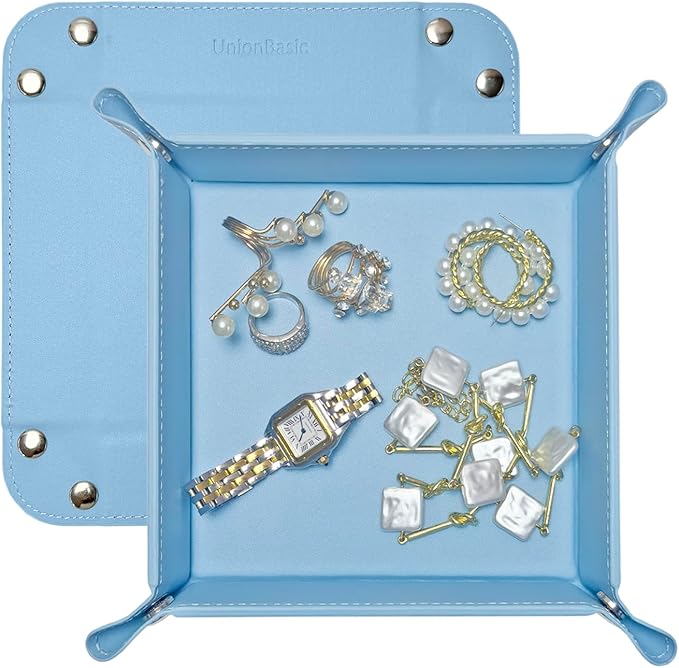 UnionBasic Small Valet Tray, Jewelry Tray for Rings Watches Earrings, Entryway Catchall Caddy for Coins Keys Change, Nightstand Bedside Valet Holder, Trays for Electronic Gadgets, Blue