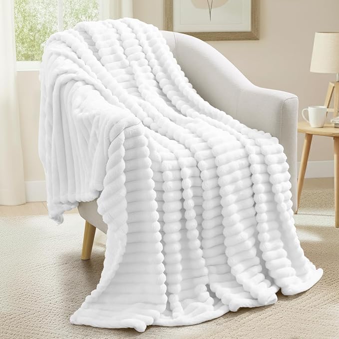 decorUhome Soft Fleece White Blanket King Size for Bed, Cozy Fluffy Plush Flannel Large Striped Throws for Couch Sofa, Lightweight Decorative Fuzzy Blanket for Woman, 108x90 Inches