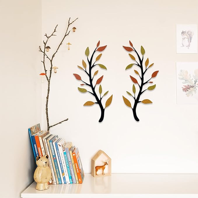 Yuzhuo 2 Pieces Metal Tree Leaf Wall Décor Branch Leaf Wall Art for Indoor Outdoor Garden Home Bedroom Living Room Decorations Iron Scroll Sculptures Above the Bed(Yellow Orange, S)