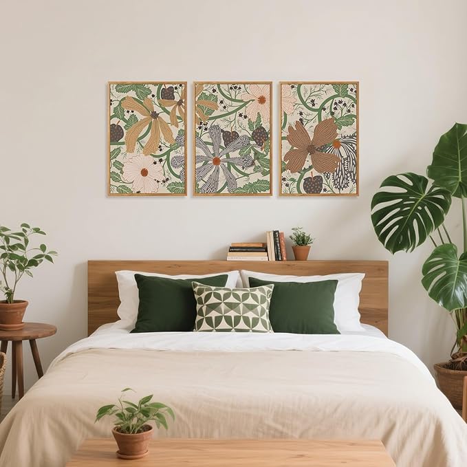 CHDITB Bohemian Floral Framed Canvas Wall Art Set Of 3,Farmhouse Flowers Wall Decor, Nature Botanical Artwork Boho Green Vines Wildflowers Art Prints For Dining Room Bedroom Decor (12X16 Inch)
