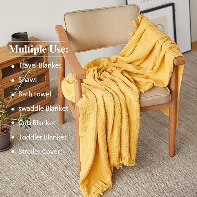 Simple&Opulence Cotton Muslin Throw Blanket for Bed, Couch, Knit Woven Gauze Blanket with Tassels, Soft Lightweight Cozy Pre-Washed Breathable Farmhouse Decoration for All-Season (Yellow)