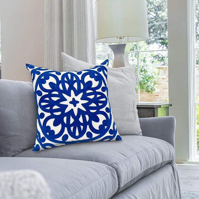 Alysheer Floral Embroidered Spring Decorative Throw Pillow Cover 18"x 18" Set of 2, Boho Mandala Embroidery Royal Blue Patterned Cushion Case for Sofa Couch Living Room Bedroom Outdoor