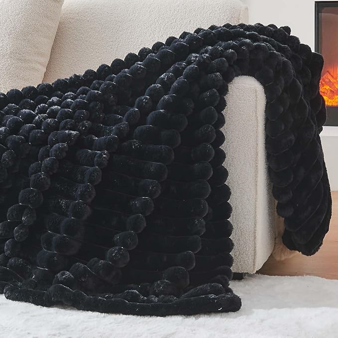 Lotus Karen Blanket for Bed Queen Size, Cozy Soft Fluffy Fuzzy Black Blanket, Striped Warm Thick Furry Plush Shaggy Large Blankets for Women, 90x90 Inches