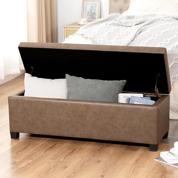 Homebeez 42" Faux Leather Storage Ottoman,End of Bed Bench,Upholstered Ottoman Bench with Storage for Living Room,Bedroom,Entryway