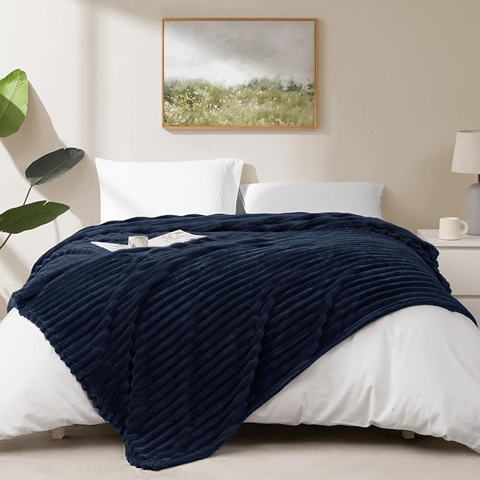 Soft Navy Blue Queen Size Blanket for Bed - 300GSM Cozy Bedding Fleece Blanket for Men, Large Lightweight Sofa Couch Cover Bed Blankets for Her Him, Home Room Decor, Navy Blue, 90x90 Inches
