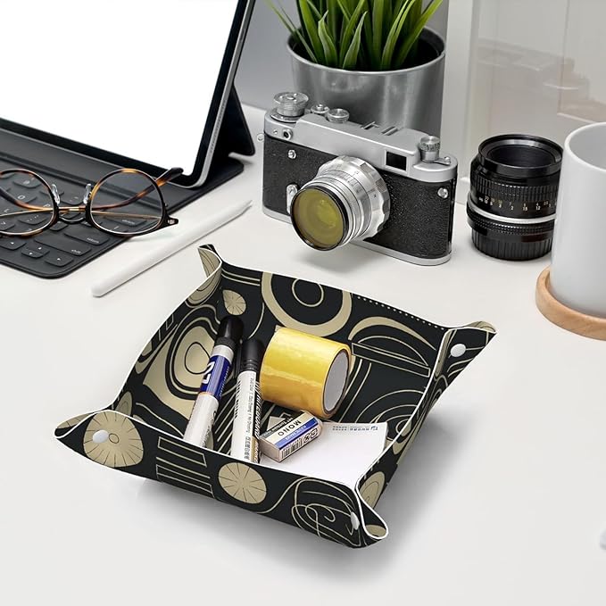 Modern Abstract Beige Black Pattern Tray Men's Leather Valet Parking Portable Entrance Trays Bedside Storage Box