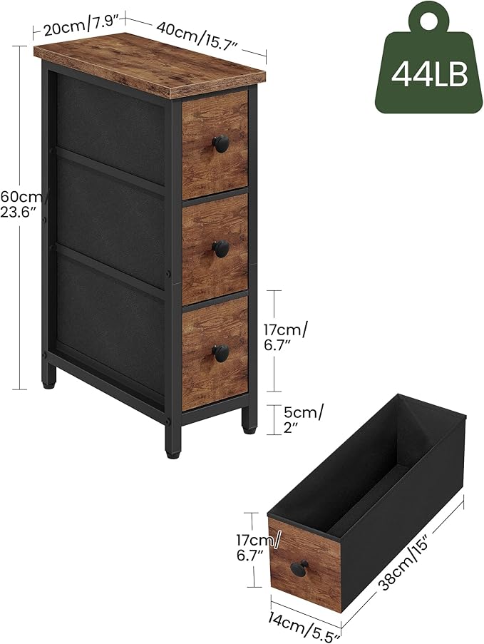 Narrow Side Table with 3 Fabric Drawers, Industrial Slim Bedside Table for Small Spaces, Bedroom, Living Room, Dormitory, Rustic Brown and Black TBZ09BF