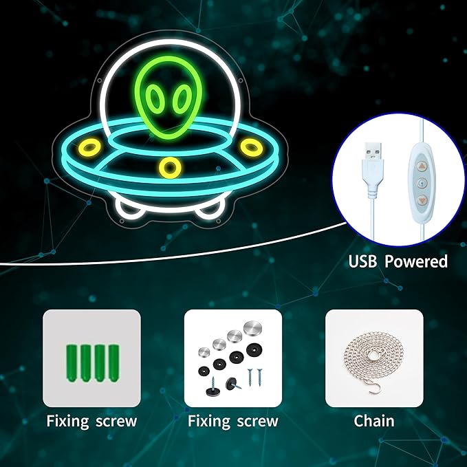 UFO Neon Sign, Alien Neon Signs for Wall Decor, UFO ET Dimmable Neon Light for Bedroom, Game Room, Kids Room, Bar Decoration, USB Powered Light Up Signs for Party Decor