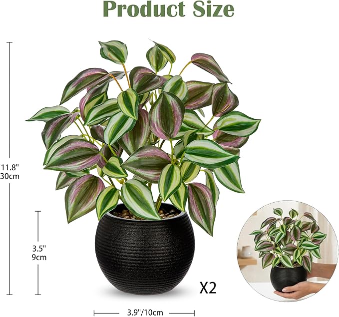2 Packs Artificial Plants in Black Pot Tradescantia Zebrina Fake Plants Potted Decorative Faux Plant for Home Kitchen Decor