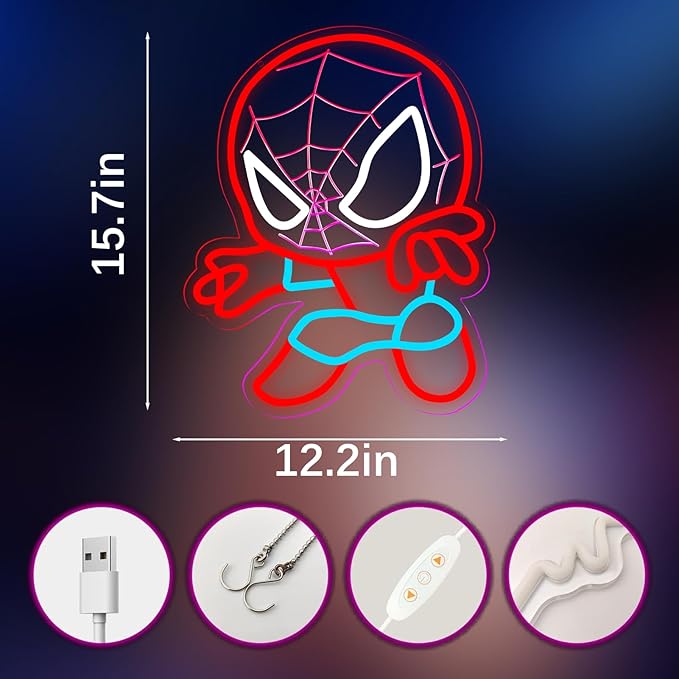 LED Spider Neon Sign for Wall Decor, Dimmable Anime Light Up Display, Kids Bedroom Game Room Decoration, 12.2x15.7 Inch