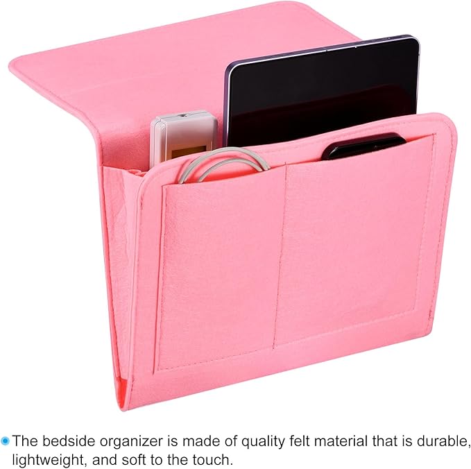 PATIKIL 11in Bedside Caddy, Bed Caddy Bedside Organizer Hanging Soft Felt 5 Pockets Bed Pockets Bedside Storage Organizer Remote Control Holder for Bedroom Phones Glasses, Pink