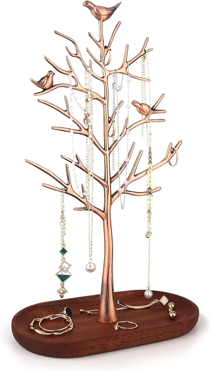 MORE&LESS Branch Jewelry Rack with wood tray,Retro color,Tree Tower Rack Hanging Organizer for Ring Earrings Necklace Bracelet,Suitable for living rooms, bathrooms,offices,etc.