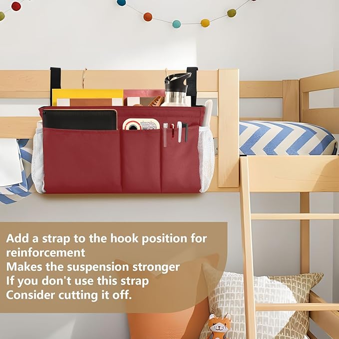 DOMIKING Wine Red Bedside Caddy for Dorm Bed Recliner Armrest Organizer with Hooks Haning Holders for Bunk Bed Headboards Rails