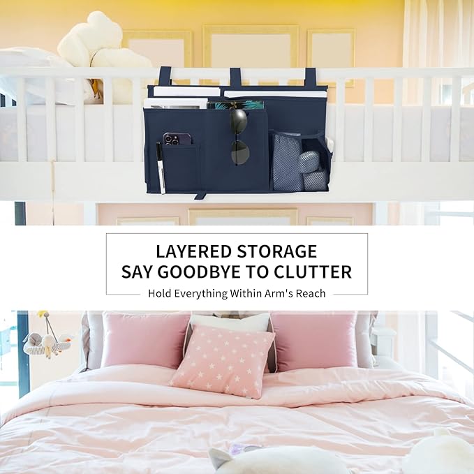 Joyfulife Bedside Caddy Bunk Bed Organizer Bedside Storage Organizer Hanging Bedside Storage Bag Pocket for Bunk, Hospital Beds, College Dorm Rooms, Baby Bed Rails, Camp 8 Pockets (Dark Blue)