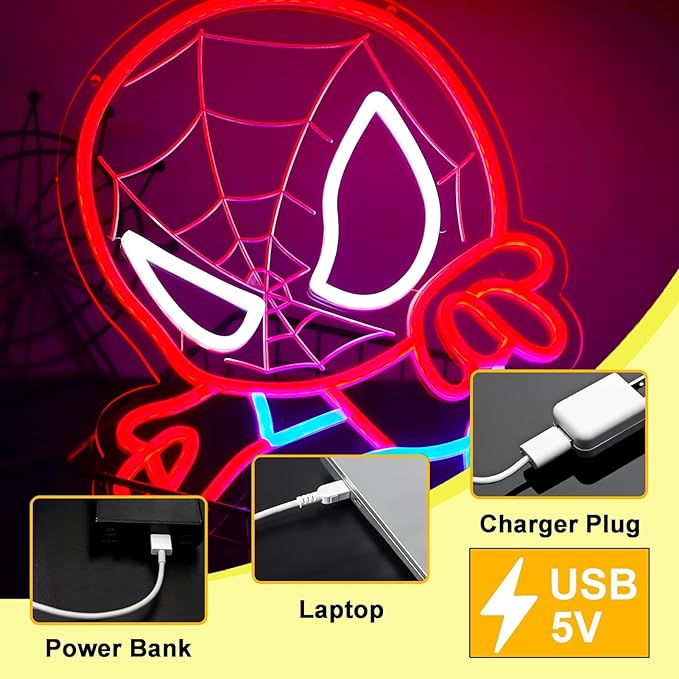 LED Spider Neon Sign for Wall Decor, Dimmable Anime Light Up Display, Kids Bedroom Game Room Decoration, 12.2x15.7 Inch