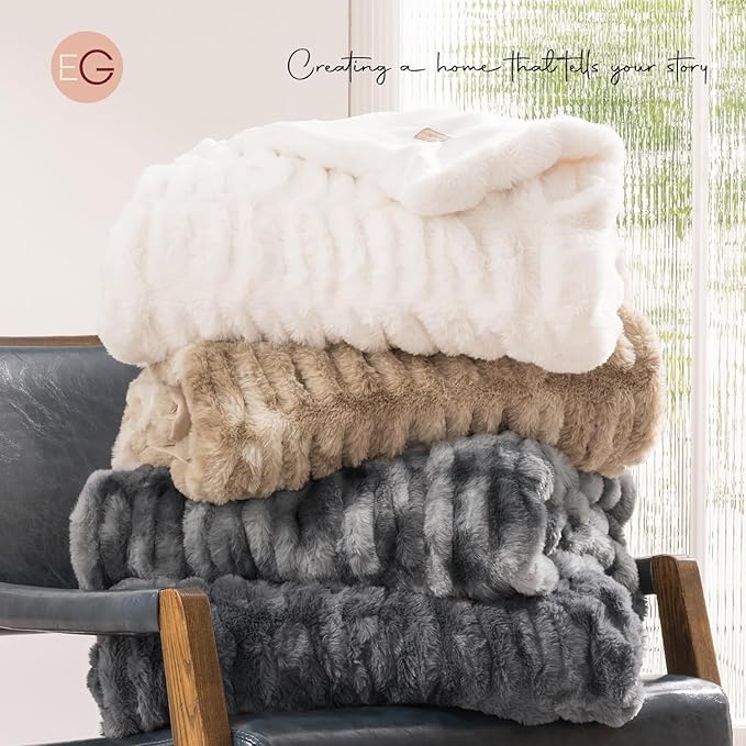 EVERGRACE Luxurious Soft Faux Rabbit Fur Throw Blanket, Cozy Fuzzy Plush Warm Throws for Couch Bed Sofa Chair Home Decor, Ruched Bubble Fluffy Blanket with Reversible Velvet, 50" x 60", Ivory White