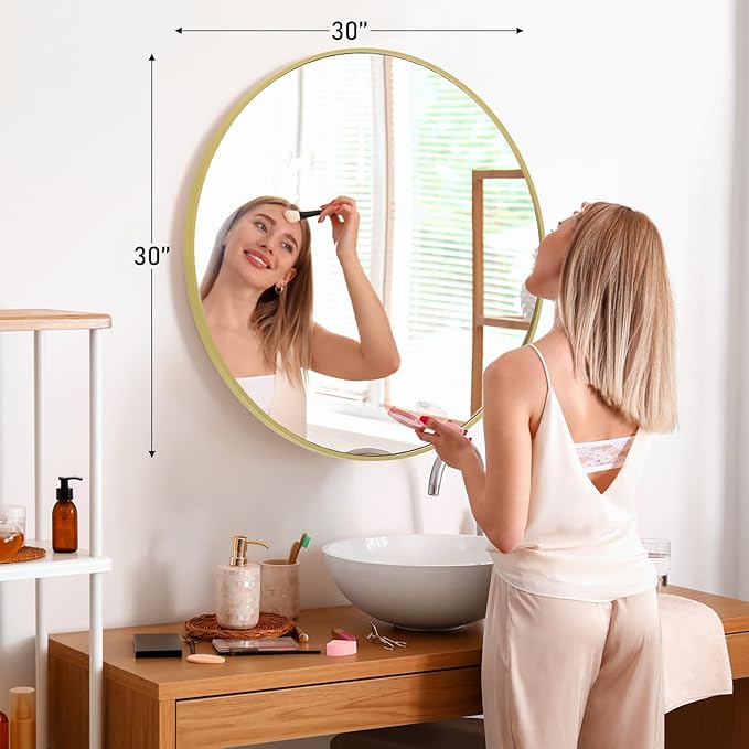 Sweetcrispy 30-inch Gold Round Wall Mirror, Circle Bathroom Mirrors with Metal Frame, Wall-Mounted Mirrors for Living Room, Bathroom, Entryway