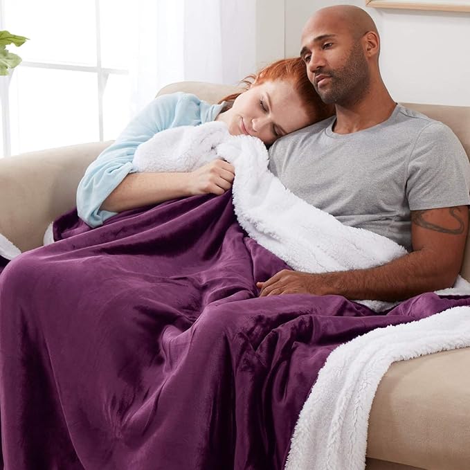 Genteele Sherpa Throw Blanket Super Soft Reversible Ultra Luxurious Plush Blanket, 90 x 90 inches, Rich Purple/White