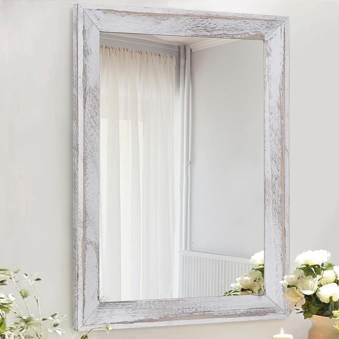 AAZZKANG Mirrors for Wall Rustic Wood Framed Hanging Mirror 20"x16" Decorative for Farmhouse Bedroom Bathroom Living Room Entryway Hallway White