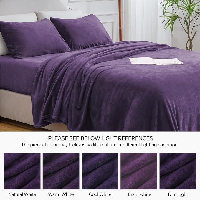 BEDELITE Flannel Sheets Full Size Purple - Super Soft Fleece Sheets Set Fluffy Extra Plush, 4 Piece(Include Fitted Sheet, Flat Sheet, 2 Pillowcases)