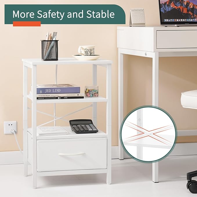 Yoobure White Night Stand with Charging Station, LED Nightstand for Bedroom, Bedside Tables with Adjustable Fabric Drawer, 3-Tier End Table Living Room, Small Side Table with Storage