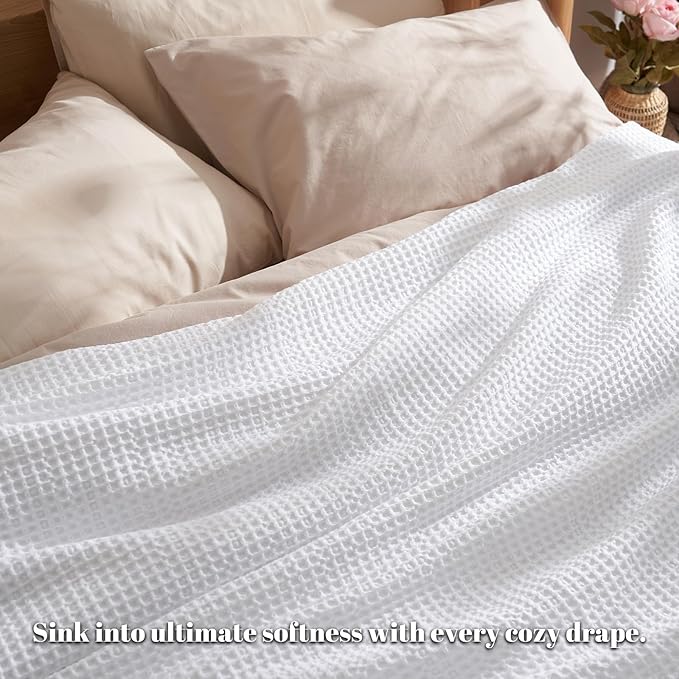PHF Ultra Soft Waffle Weave Blanket Queen Size 90"x 90"- Washed Lightweight Breathable Cozy Woven Blanket for Bed - Aesthetic Decor for Couch Bedding Sofa Home Car - White