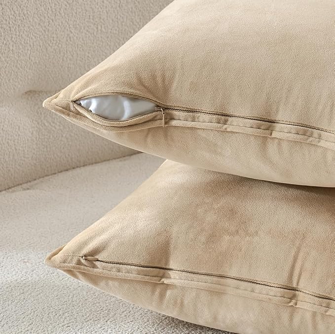 MIULEE Summer Beige Velvet Throw Pillow Covers 24x24 Soft Decorative Solid Square Euro Sham Cushion Cases Pack of 2 Modern Luxury Home Decor for Couch, Sofa, Bedroom