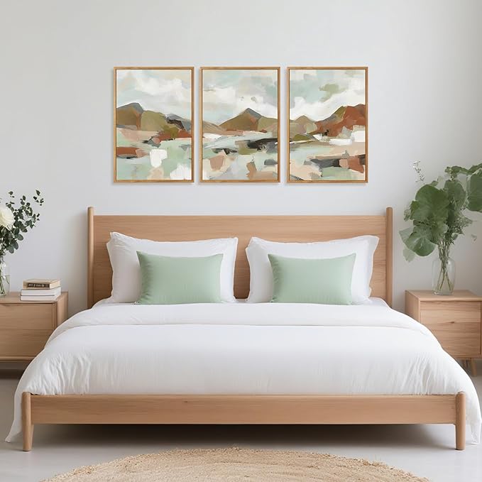 CHDITB Abstract Wall Art, Neutral Pastel Illustration Framed Canvas Poster, Modern Artwork For Walls, Minimalist Wall Art 3 Pieces, Mountain Painting For Living Room Bedroom Dining Room Decor 12X16