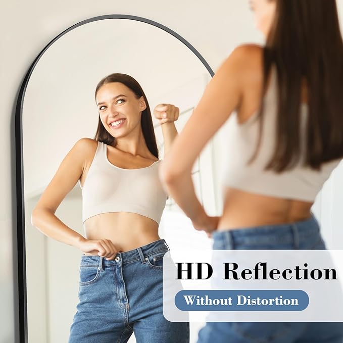 DUMOS Arched Full Length Mirror with Stand Floor Standing Aluminum Frame for Bedroom Body Hanging Leaning Modern Simple Home Decor Shatter-Proorf Nano Glass Wall Living Room Cloakroom Black 65"x24"