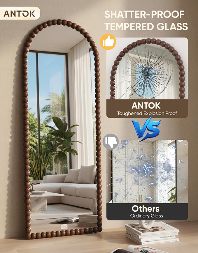 Antok 57" x 21" Arched Full Length Mirror, Antique Beaded Frame Floor Standing or Wall Mounted Mirror with Stand for Bedroom, Entryway, Brown, Luxury Style