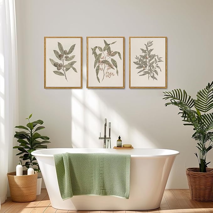 Wodkwq 3 Piece Vintage Botanical Canvas Wall Art Framed, Neutral Farmhouse Country Wall Decor,Sage Green Leaves Plants,Floral Painting For Living Room,Bedroom,Office,Kitchen 16x24in